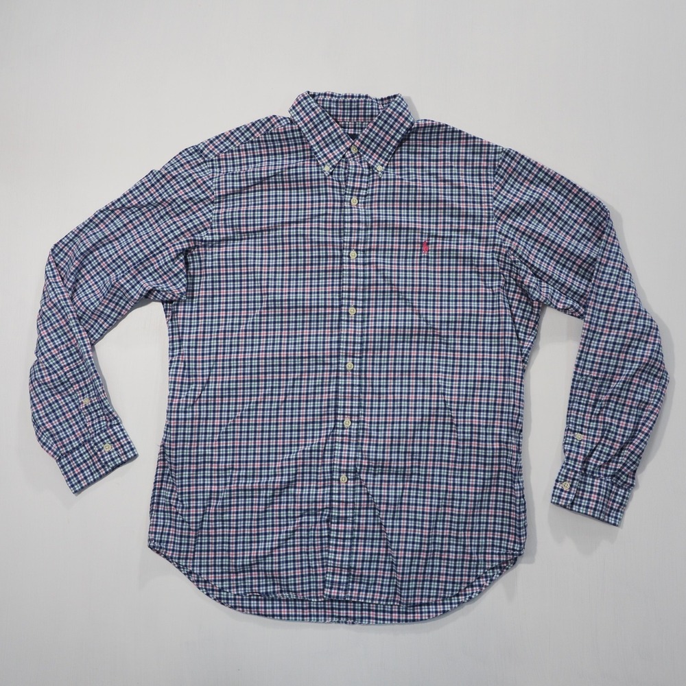 Ralph Lauren Shirt Mens Large Blue White Pink Check Cotton Long Sleeve Button